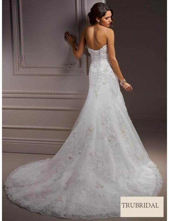 A Line Strapless Embroidery Flower Drop Waist Court Train Lace Wedding  Dresses | Trubridal