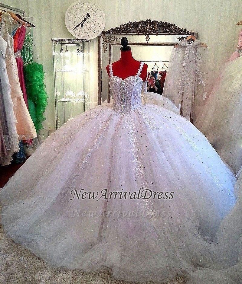 Fashion Sparkly Crystal Beads Princess New 2018 Ball Gown Wedding Dress  Short Sleeve Custom Made Bridal Lace Tulle High Quality Transparent Yellow  Wedding