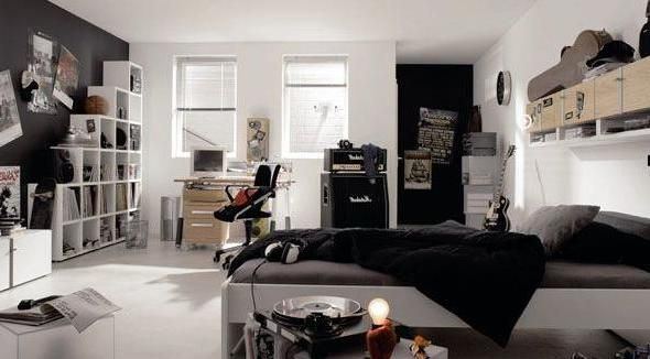 modern teen boys bedroom ideas with nice black and white theme and  white cube storage