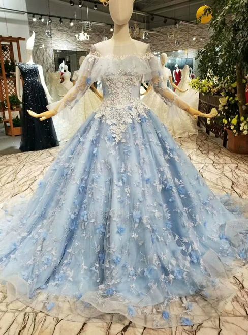 Hot Sale Appliques Straps Blue Hand Made Flower Princess Wedding Dresses  Custom Made Bridal Gowns WD2301 Princess Ball Gowns Princess Wedding Gowns  From