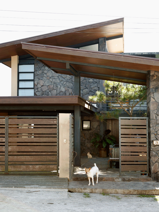 The kitchen of a rustic lodge style home in the heart of Auckland city; the  door to the cupboard that holds glasses is made from wired glass