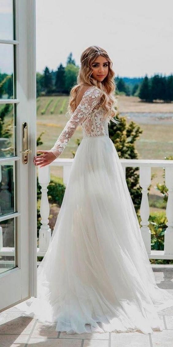 Long Sleeve Bohemian Lace Wedding Dress White Ivory  Country
