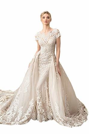 Mermaid Wedding Dresses With Detachable Train Lace Appliqued Bridal  Gowns Illusion Bodice Country