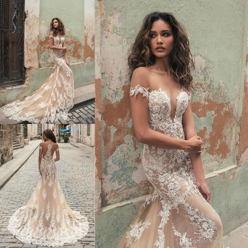 Berta 2018 Champagne Mermaid Wedding Dresses Off Shoulder Sheer Jewel Neck Lace Appliqued Short Sleeves Plus Size Bridal Gowns Court Train Bridal Shop