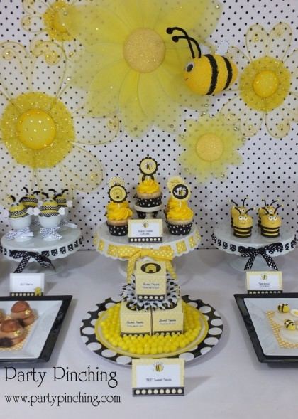A pink, black and yellow Bumble Bee 1st BeeDay Party with amazing  decorations and treats! See more party planning idea at CatchMyParty