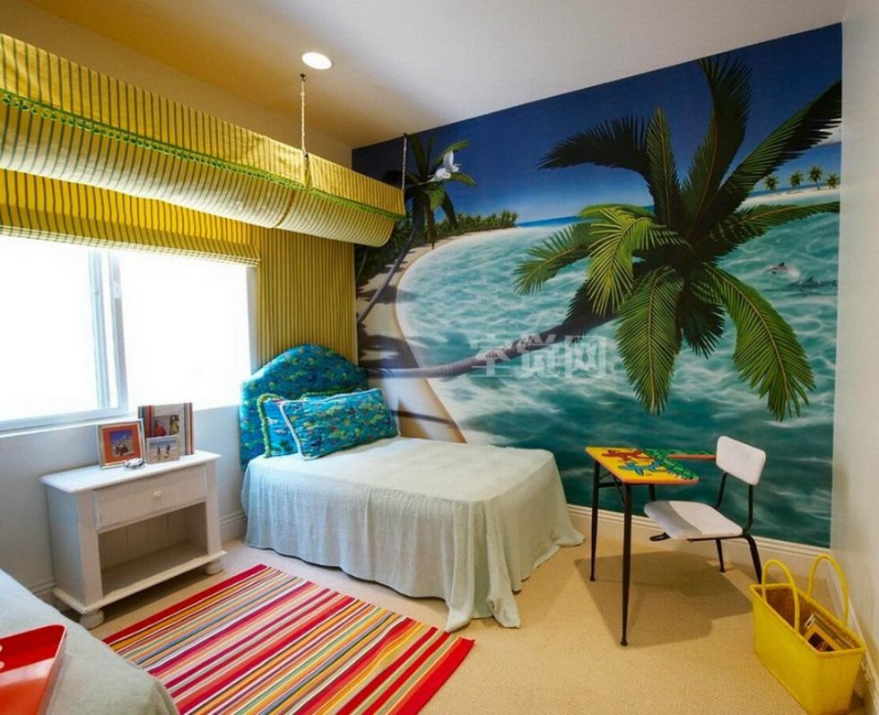 Tropical bedroom draped in delightful, bright blue [Design: Genoveve  Serge Interior Design]