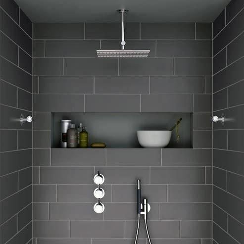 dark grey floor tiles, large wall mirror, two white sinks, inbuilt bath with Bathrooms Without Tiles – 50 Alternative Design Ideas