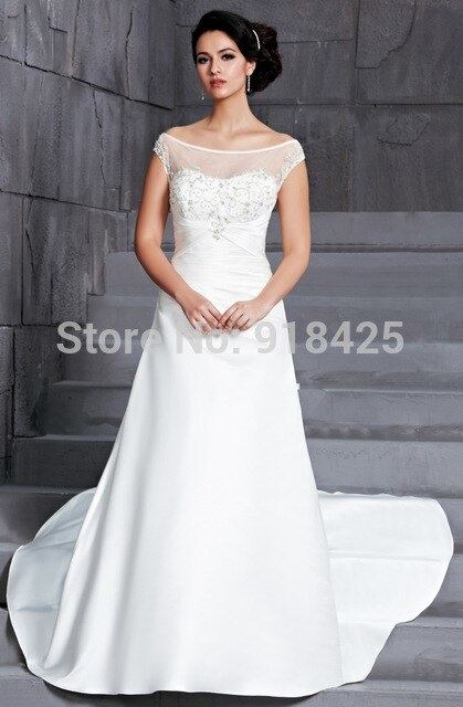 Discount Beautiful Romantic Fitted Simple Lace Beaded Long Sleeve Silk Illusion  Neckline Wedding Dresses Open Back UK London Vintage Wedding Dresses For