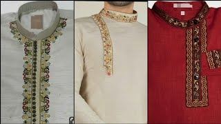 Mens hand embroidery work on high neck, left shoulder and cuffs kurta pyjama made from white color pure linen fabric