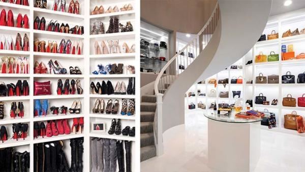 Master Bedroom closet with white shelving, whicker baskets and no slip grip  hangers