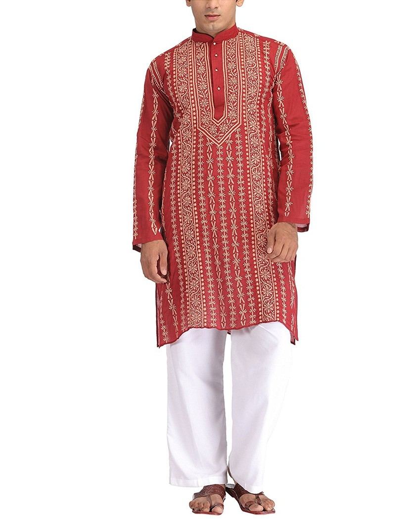 Lucknow Chikan Hand Embroidered Mens Kurta White on White Cotton $29