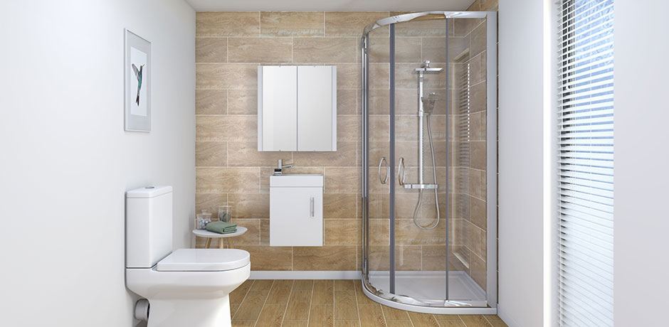 The stylish master bath is a mix of beautifully patterned porcelain tiles  and wood.