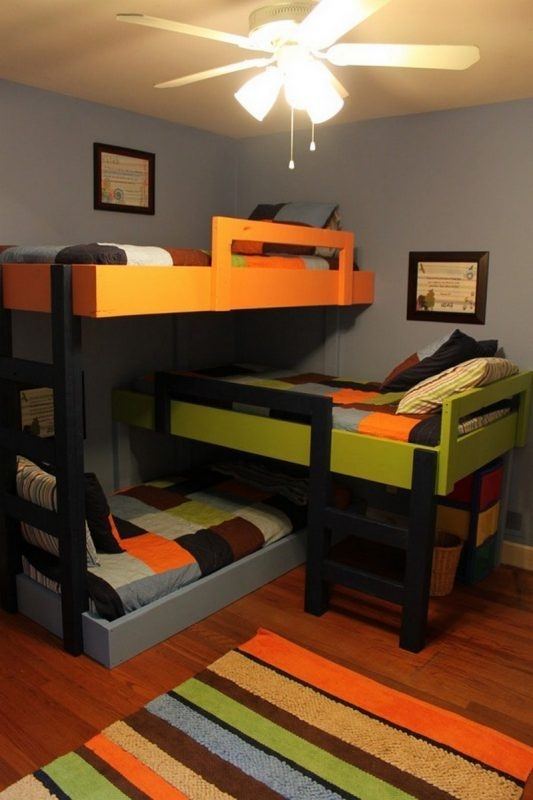 Shared kids room with overhead bunk and bed beneath