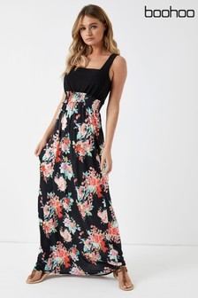 Black Floral Print Ruffle Shoulder Asymmetric Maxi Dress