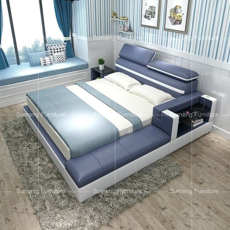 Luxury gray beige modern bed furniture with patterned bed with leather  upholstery headboard